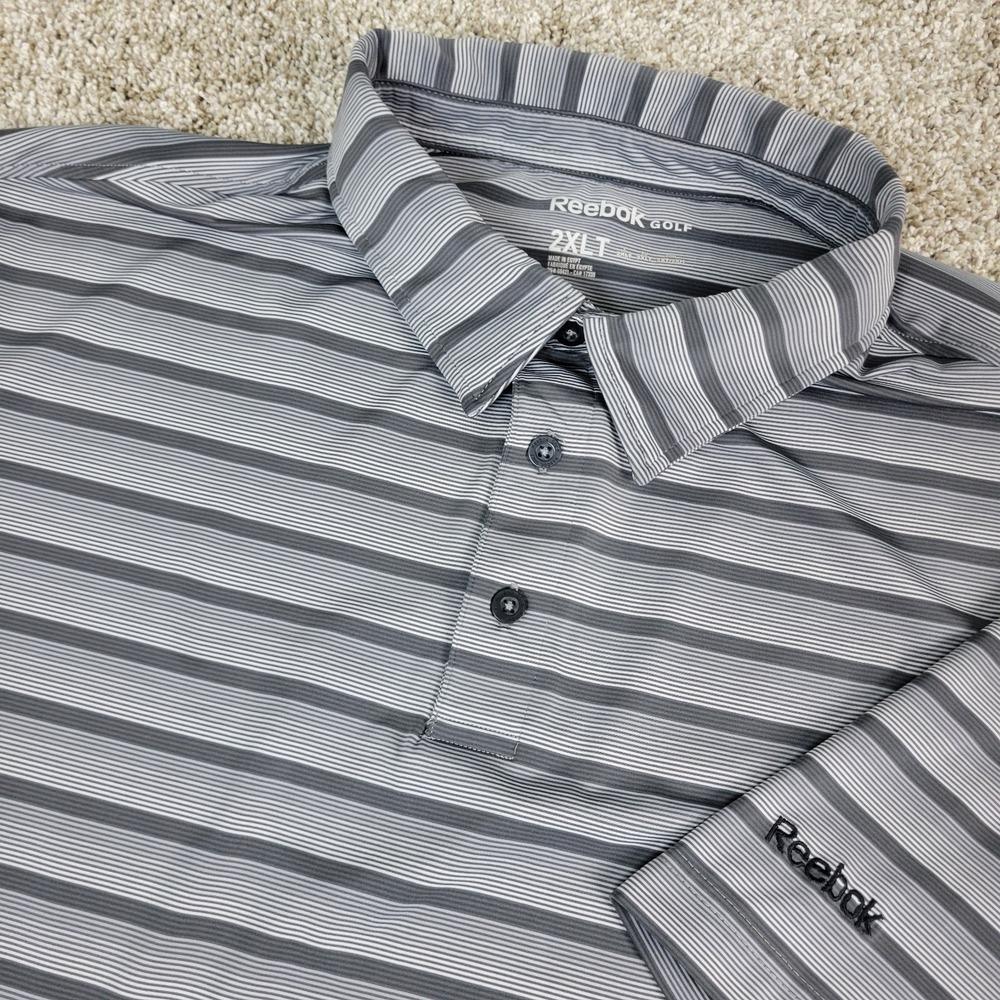 Reebok Golf Mens 2XLT Gray Striped Performance Stretch Polo Short Sleeve